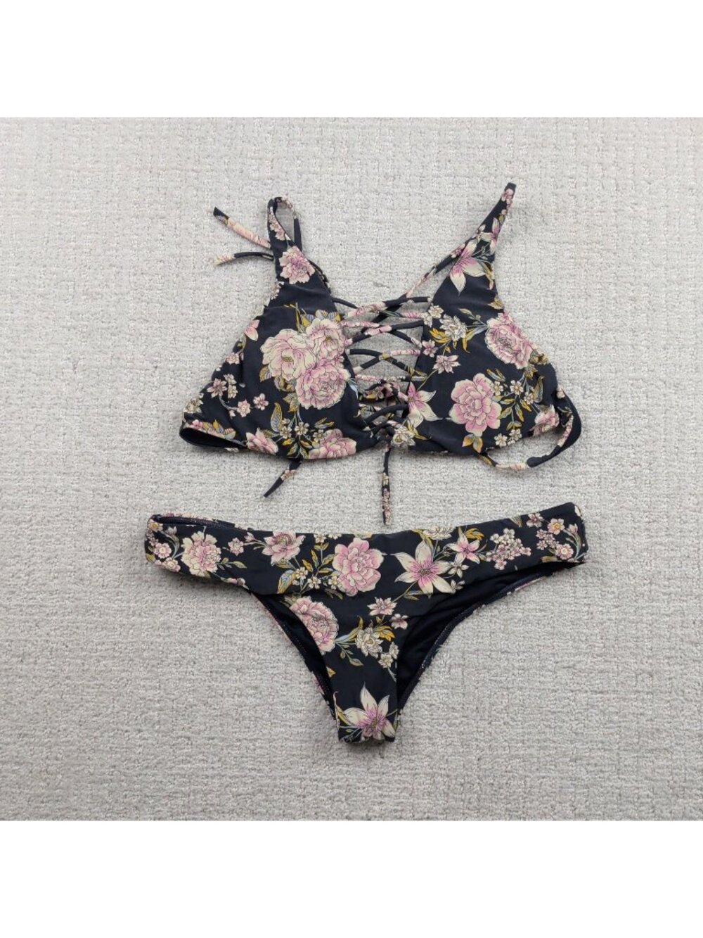 Y2K Billabong Women’s Away We Go Floral Bikini 2pc Set Lace Up Wom Sz L* Surf
